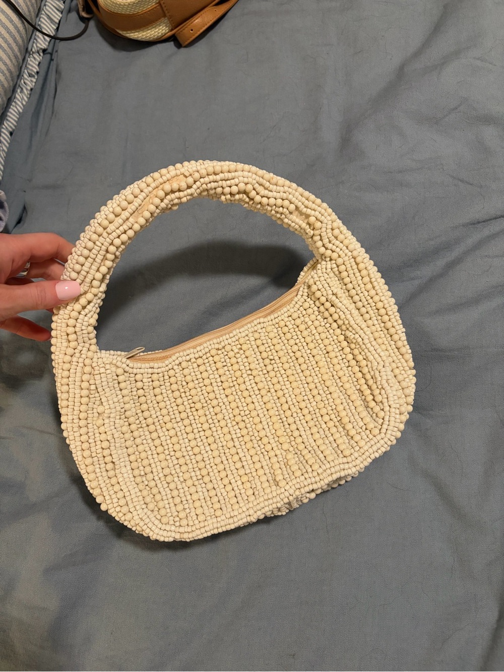 Cream Beaded Shoulder Bag with Curved Handle